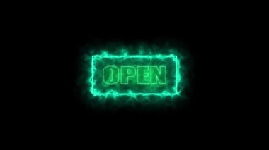Cyan rengi Neon levhası açık. Siyah arkaplanda titreşimli 4K animasyon işareti var. Parlayan büyük harfli açık neon işareti canlandırması .