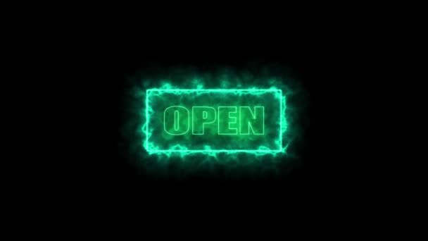 Cyan Color Neon Sign Open Neon Sign Flickering Animation Black — Stok Video