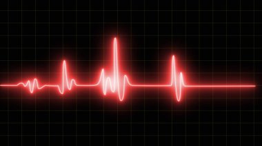 Acil durum ekokardiyografi. Parlayan kırmızı neon kalp atışı. Kalp atışı. Elektrokardiyogram, kırmızı parıldayan neon kalp atışı illüstrasyonu.