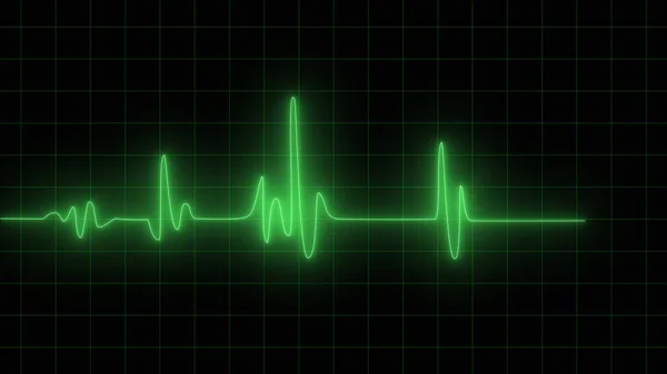 心臓図オシロスコープ画面緑のイラストの背景 緊急Ekg監視 緑色のネオンハートパルス ハートビート 心電図 — ストック写真