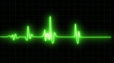 Tıbbi tema için EKG monitörünün grafiği. Parlayan dijital kalp atışı hattı monitöre yansıyor. Bilgisayar dijital çizimi. Kalp atışı nabız derecelendirme hastanesi.