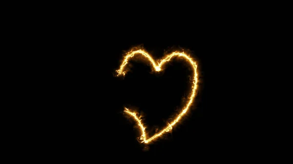 心臓の輪郭が黒い背景に火の影響を与えます ネオンのデザイン要素 — ストック写真