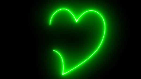 Zielone Serce Kształt Neon Światło Czarnym Backgorund Streszczenie Koncepcja Dekoracji — Zdjęcie stockowe