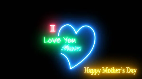 母亲节快乐 五彩缤纷的霓虹灯和黑色背景的红心 元旦快乐母亲节的标志 — 图库照片