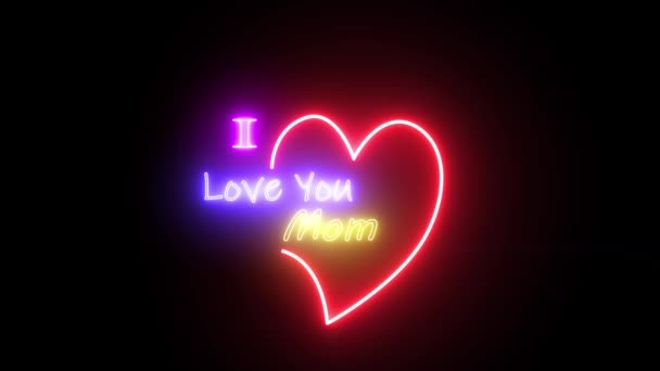 Szczęśliwego Dnia Matki Neon Efekt Tekst Hart Animacji Kocham Cię — Wideo stockowe