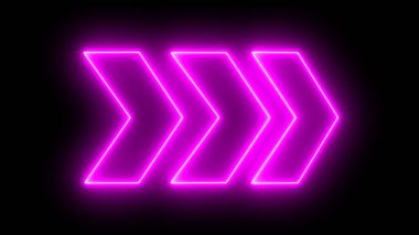parlak mor neon ışıklı oklar sağı işaret ediyor. Siyah arka planda parlayan neon okların 3 boyutlu yansıması. Gösterge yön göstergeleri.