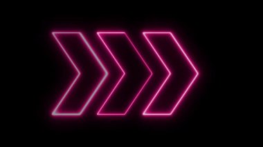 4K kırmızı yön işareti. Parlayan Neon Oku Öğretim İşaretçisi. Kusursuz Döngü Simgesi. Neon kırmızı yönü ok şekli siyah arkaplanda titreşiyor.