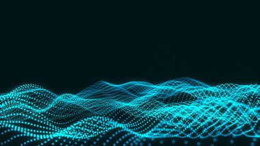 Soyut Mavi Geometrik Arkaplan. Gelecekçi teknoloji tarzı. Dinamik dalgalı noktaların ve çizgilerin geleceksel arka planı. Büyük veri. 3d oluşturma.