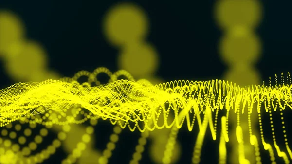 3Dカラードットフロア波イラスト 要旨黒の背景にある3Dドット接続の黄色の波 — ストック写真