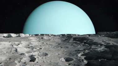 Uranüs Gezegeni Buz Devi 'nin yörüngesindeki bir ayın yüzeyinden görüldü.