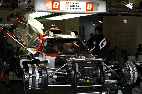 Le Mans / France - June 12-13 2022: 24 hours of Le Mans, In the stands last preparations of the cars the technicians of the Toyota racing team are active before the departure