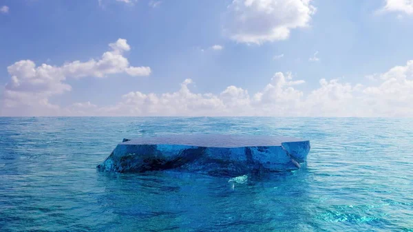Blue iceberg in ocean podium, product display ice, water and sky mock up, 3d render