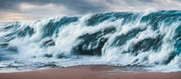 Sahilde tsunami dalgaları patlıyor, okyanus sel felaketi konsepti, 3D görüntüleme