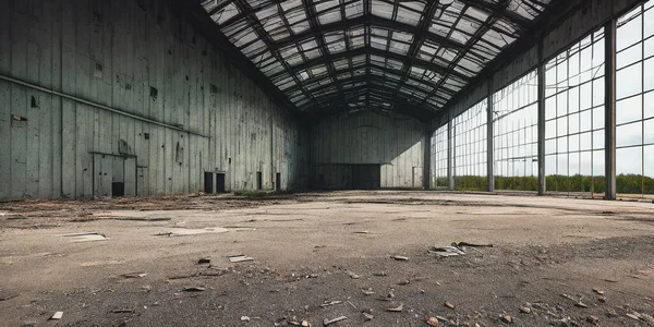 Boş, eski kirli askeri hangar ya da depo, Üretici Yapay Zeka