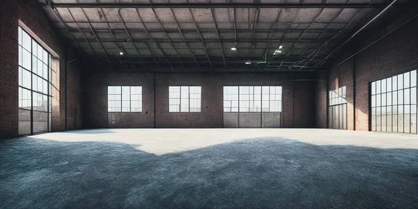 Empty warehouse with large widows, Generative AI