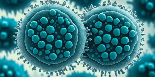 Round blue virus cells micro illustration, immune system, Generative AI