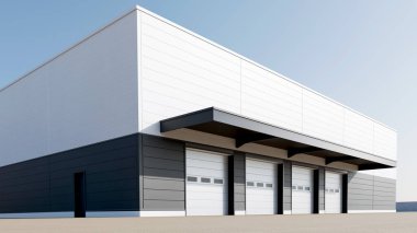 Yükleme koyları olan Modern Endüstriyel Depo - Lojistik Tesis Dış görünüşü, 3D Render