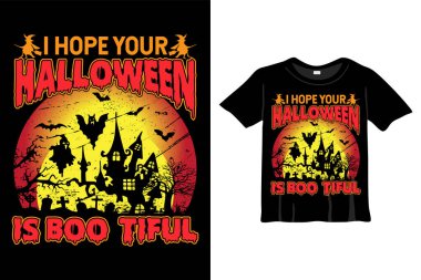 Umarım Cadılar Bayramı 'nız Cadılar Bayramı T-Shirt Tasarım Şablonu kadar güzel olur. Cadılar Bayramı tişörtünde Boo, Night, Moon, Witch var. Baskı için gece arkaplan tişörtü.
