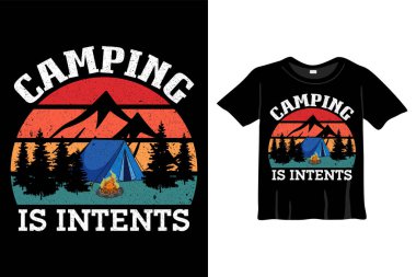 Kamp, T-Shirt Tasarım Vektör Şablonu 'na dayanıyor. Baskı işleri için Macera Yürüyüşü Kampı Tişört Tasarımı Şablonu