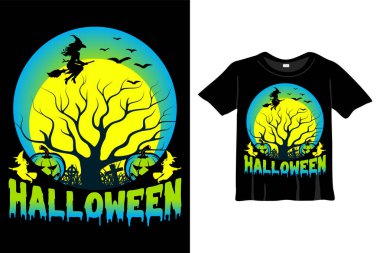 Cadılar Bayramı Tişört Tasarım Şablonu. Geceli Cadılar Bayramı tişörtü, Ay, Cadı. Baskı için gece arkaplan tişörtü