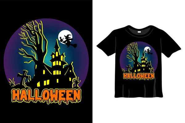 Halloween Shirt Ontwerp Sjabloon Halloween Shirt Met Nacht Maan Heks — Stockvector