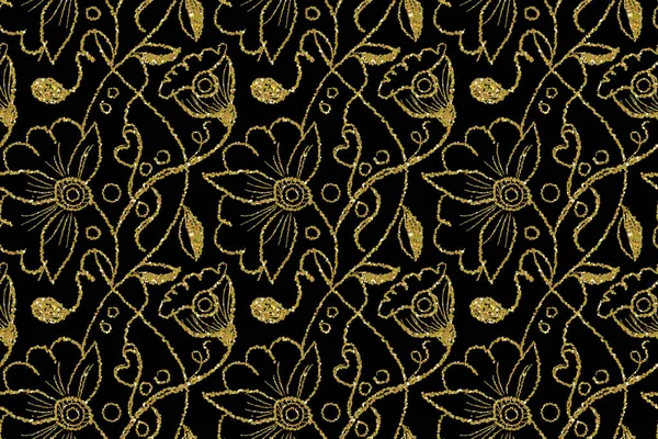 Плавный Цветочный Узор Золота Черном Фоне Роскошный Праздничный Дизайн — стоковое фото