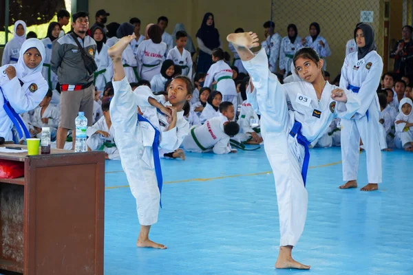 Energetic Tae Kwon Exam Blue Belt Child Showing Kicking Technique — Stock Photo, Image