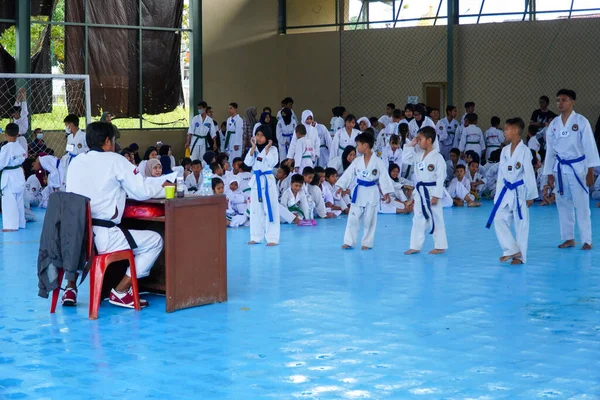 Handlingsbilde Ung Student Med Blått Belte Som Utfører Taekwondo Teknikker – stockfoto