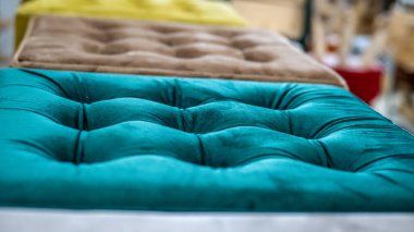 Oturma odasında oturan sandalyeler için kadife yastıklar. Renkli yastıklar