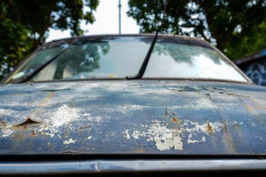 Terk edilmiş bir araçta kırık bir ön cam ve paslanmış bir vücutta aşınma izleri var. İhmal edilmiş otopark uzun otlar ve dağınık molozlarla dolu.