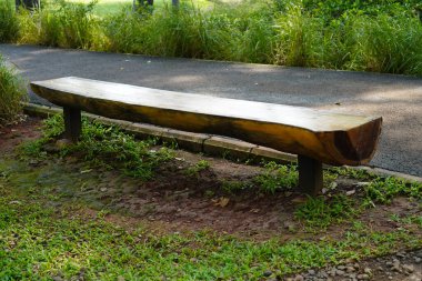 Tek bir kütükten yapılmış kırsal ahşap bir bank, açık mavi gökyüzünün altında yemyeşil çimenler ve yeşilliklerle çevrili iyi korunmuş bir yolun yanında oturur.