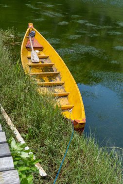 Parlak sarı tekne, sakin yeşil suyun yanında yeşil bir kıyıda dinleniyor. İçinde kürek var, doğa ve seyahat temaları için uygun..