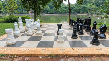 Büyük satranç taşları, sakin bir göl zeminine sahip parktaki kareli bir tahtada duruyor. Açık hava aktiviteleri ve stratejik oyun kavramları için harika..