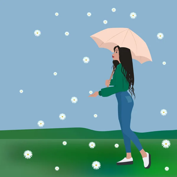 Vektör Düz Çizim Bahar Mevsimi Şemsiyeli Genç Kız Elleriyle Çiçekleri — Stok Vektör