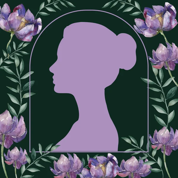 Vector Illustration Vintage Style Silhouette Young Woman Lilac Frame Floral — Vetor de Stock