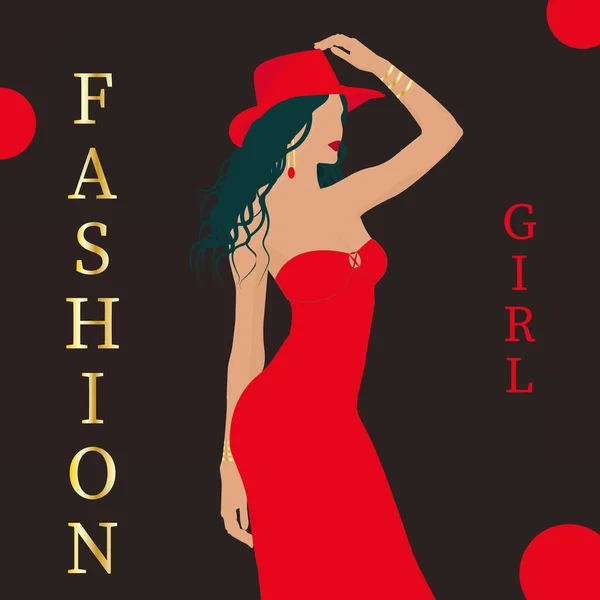Ilustração Moda Vetorial Uma Jovem Menina Bonita Sexy Vestido Vermelho — Vetor de Stock