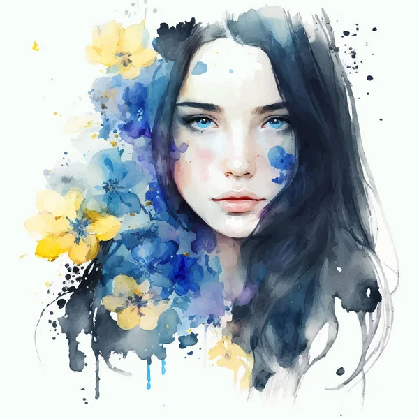 Vektorová Ilustrace Stylu Akvarelu Portrét Mladé Sexy Dívky Modrýma Očima — Stockový vektor
