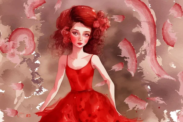 Vektorová Ilustrace Stylu Akvarelu Mladá Dívka Zrzavými Kudrnatými Vlasy Červených — Stockový vektor