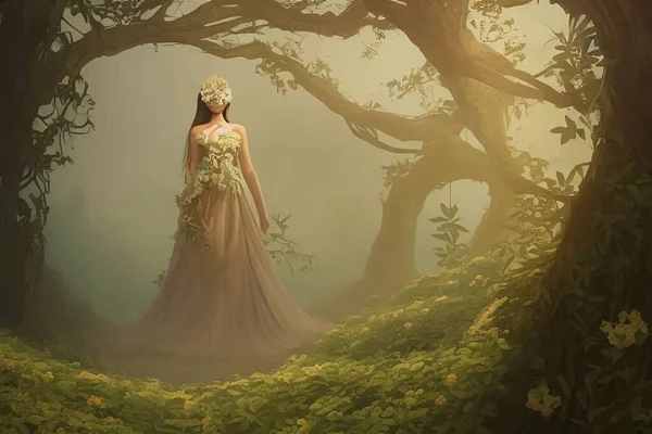 Belle Fille Posant Dans Forêt — Image vectorielle