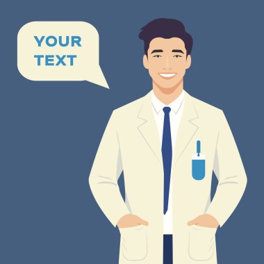 Düz bir şekilde vektör illüstrasyonu. Geleneksel beyaz önlüklü, gülümseyen genç bir erkek doktor. Metin için bulutlu pankart, mesaj için bir yer, duyuru ve daha fazlası..