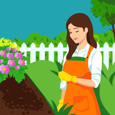 Çizgi film tarzında vektör çizimi, bahçede çalışan sevimli genç kız bahçıvan..