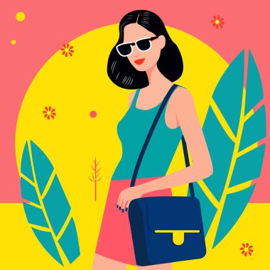 Çizgi film tarzında vektör illüstrasyonu. Yürüyüşte kısa saçlı, rahat ve şık giyimli genç bir kız.