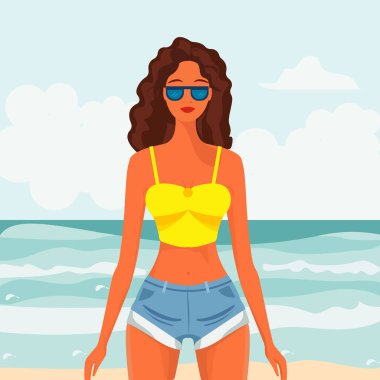 Çizgi film tarzında vektör illüstrasyonu. Açık tişörtlü, kot şortlu, çıplak göbekli genç ve güzel bir kadın sahilde dinleniyor. Yaz mevsimi.