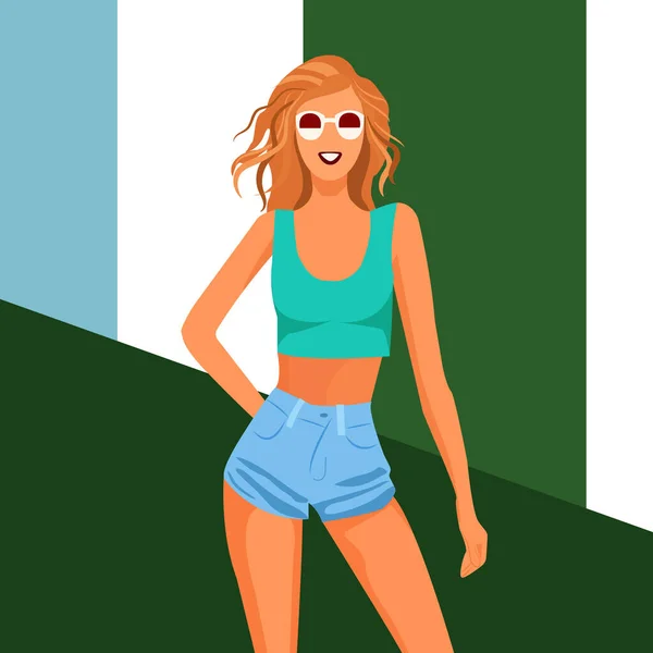 Illustrazione Vettoriale Stile Piatto Una Giovane Bella Donna Occhiali Sole — Vettoriale Stock