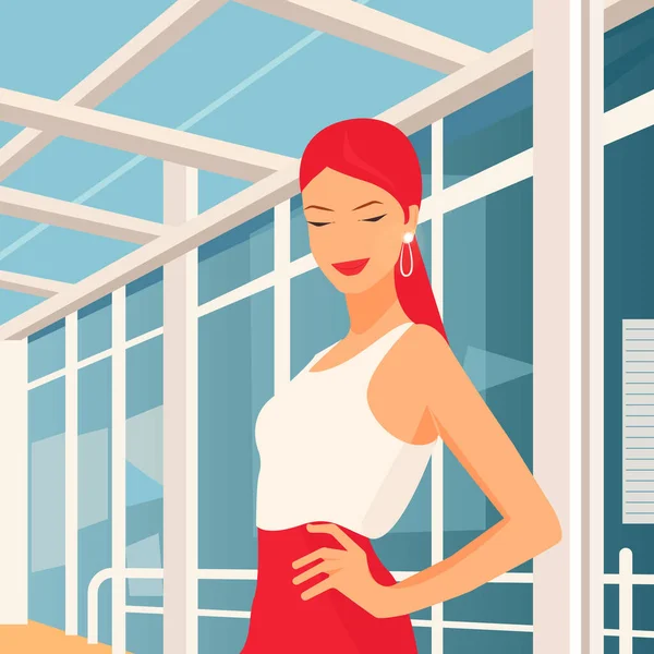 Vektorillustration Flachem Stil Junge Hübsche Geschäftsfrau Mit Roten Haaren Einem — Stockvektor
