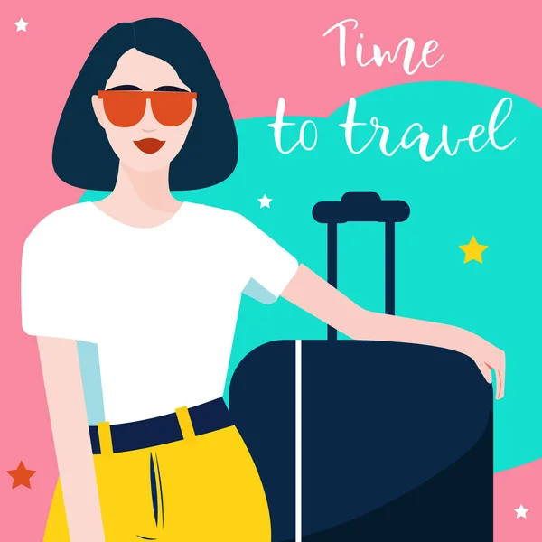 stock vector Vector flat illustration, young pretty woman in sunglasses with a big suitcase. Bright, creative summer banner with text Time to travel. The text can be replaced with another.