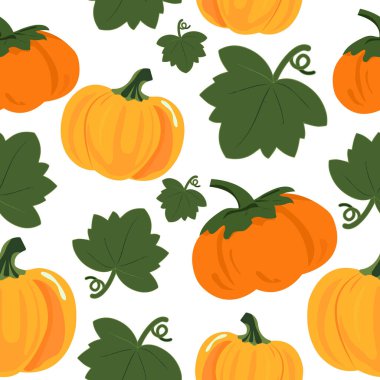 Beyaz zemin üzerinde kabak ve yapraklar ile vektör pürüzsüz desen.