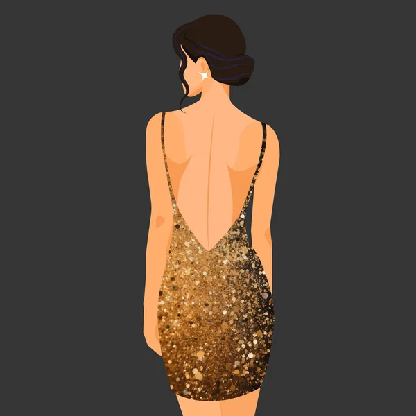 Ilustração Moda Vetorial Uma Jovem Mulher Elegante Luxuoso Vestido Dourado — Vetor de Stock