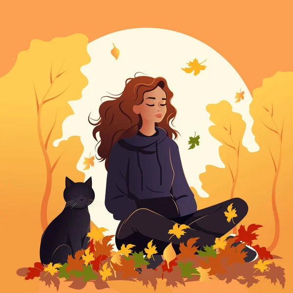 Vector Illustration Cartoon Style Young Pretty Woman Black Cat Sits — Stock Vector