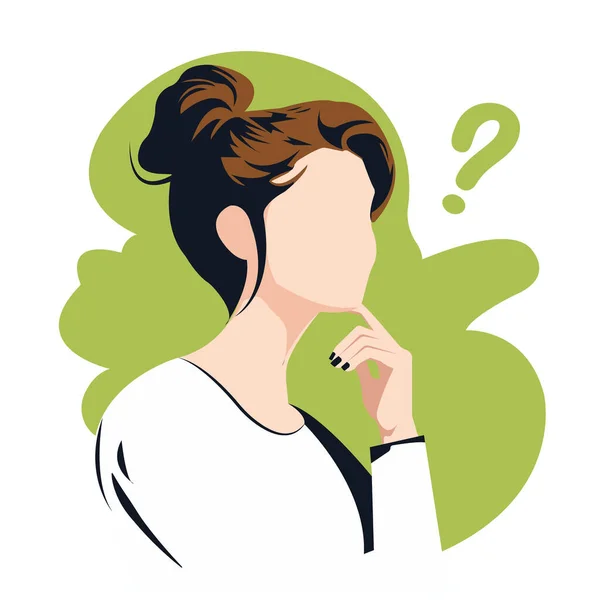 Çizgi film tarzında vektör düz illüstrasyon. Siyah saçlı, isimsiz genç bir kadın düşünüyor. Yeşil renkli soru işaretli modern pankart şablonu.